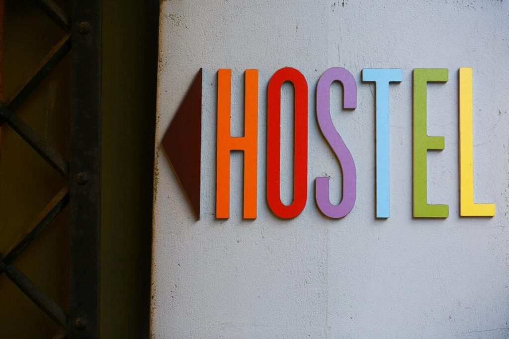 multicoloured hostel sign