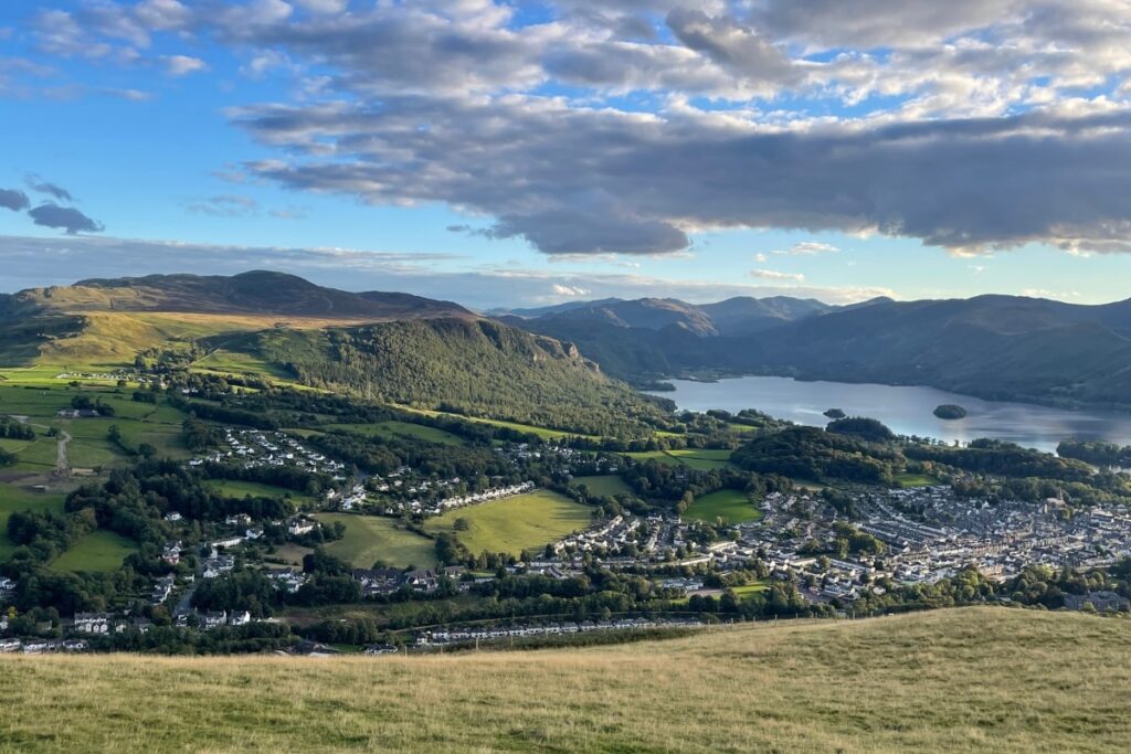 Views of Keswick from the Latrigg viewpoint with mountains, Derwentwater and the town