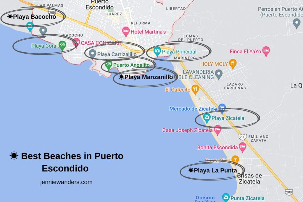 Best beaches in Puerto Escondido map
