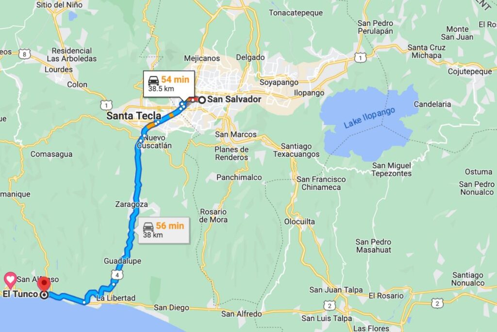 San-Salvador-to-El-Tunco-driving-map