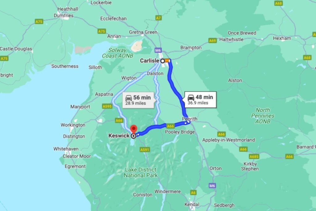 Map showing the Carlisle to Keswick route