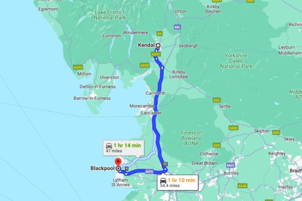 Map showing the driving distance of Kendal to Blackpool