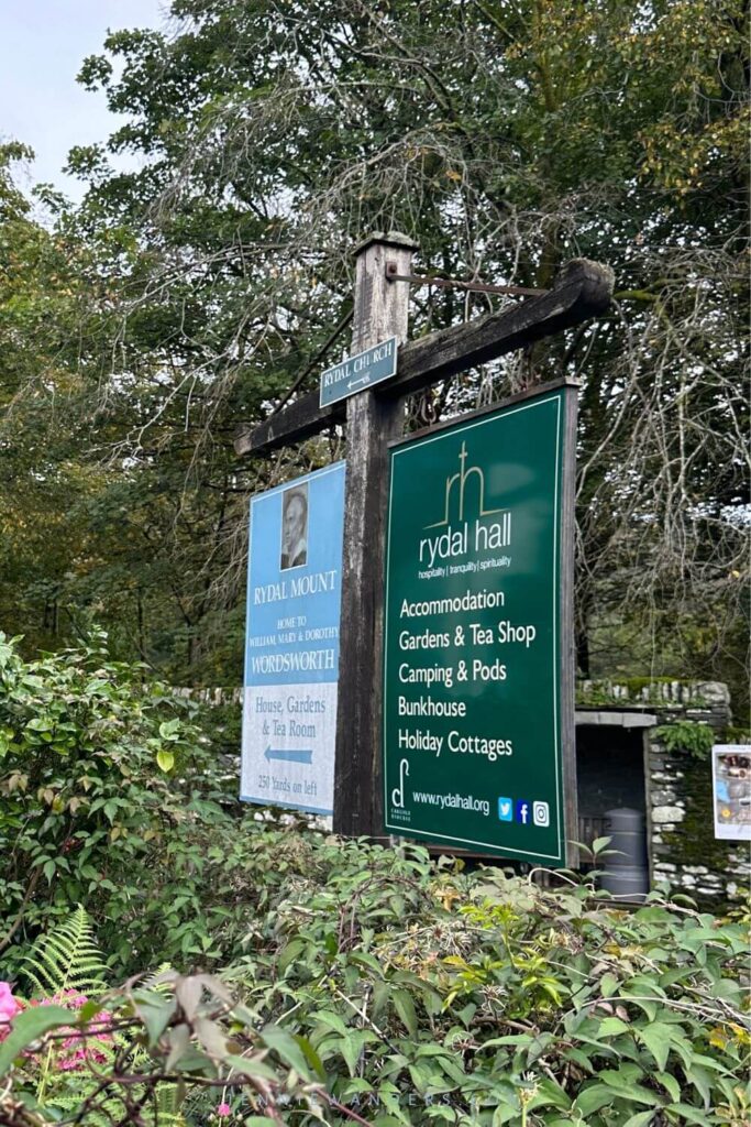 A sign post directing you to both Rydal Mount and Rydal Hall. Turn left here!