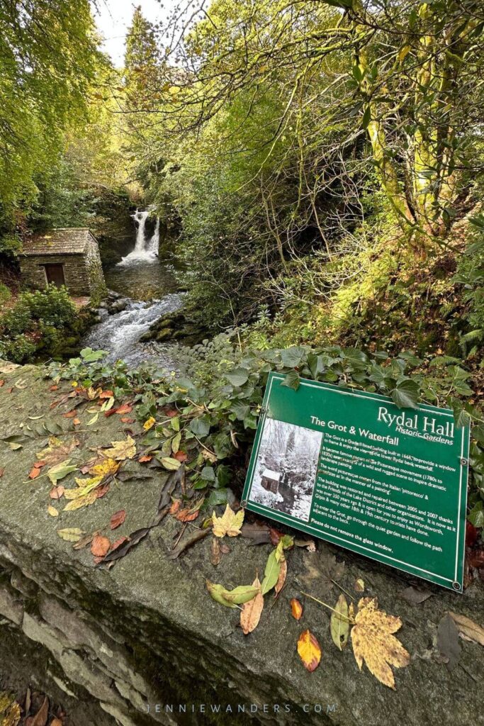 A sign explaining more about Rydal waterfall